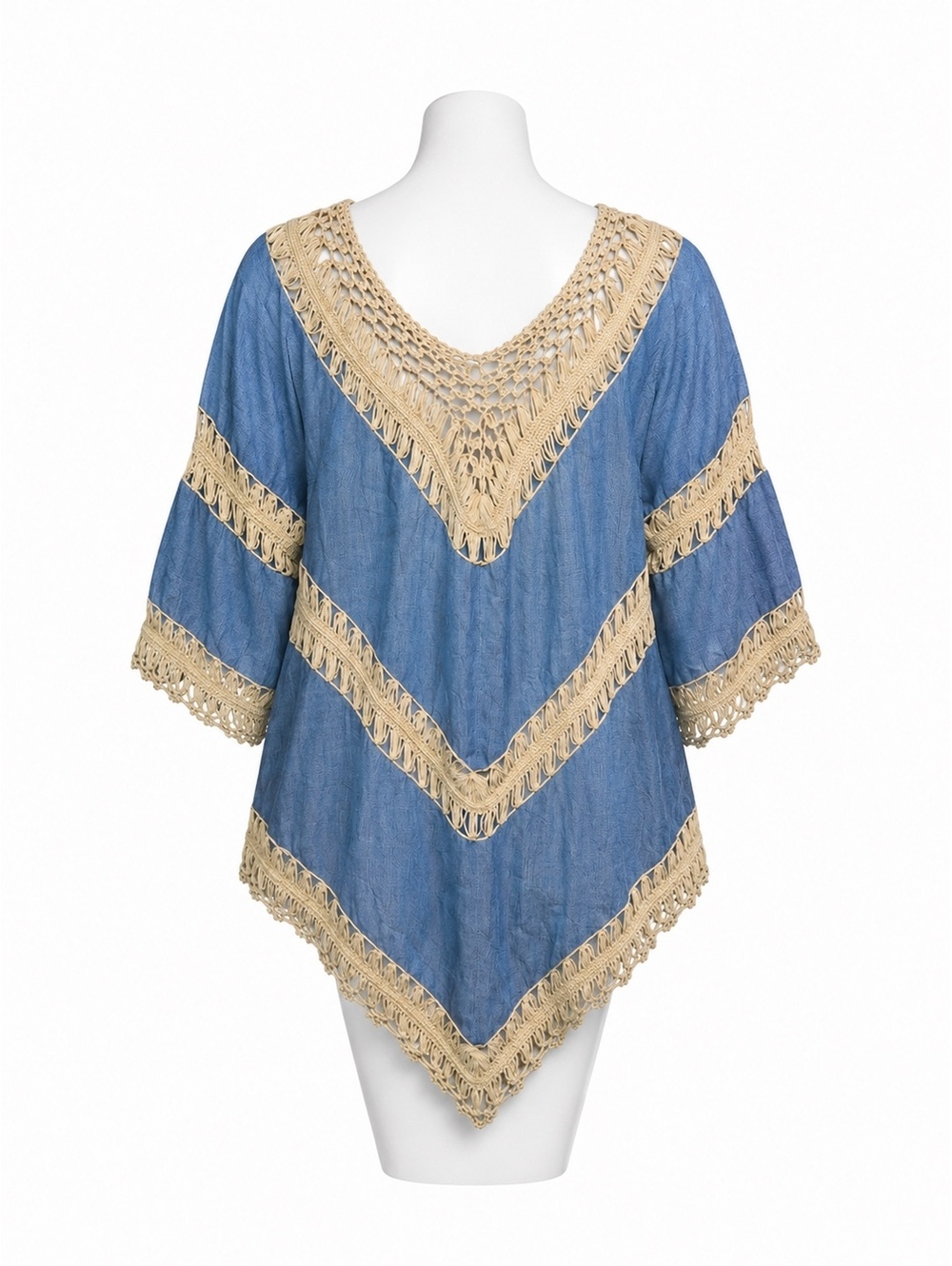 UMGEE Boho Macrame Lace Crochet Chevron Gauze Tunic Top Blue Tan Size Large EUC - Picture 3 of 5